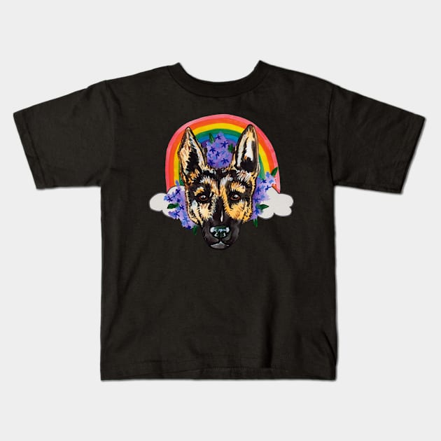 German shepherd with flowers and rainbow Kids T-Shirt by deadblackpony